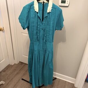 Vtg 80s Moonglow Teal Cotton Pleated Dress‎ Lace Collar Timeless Rockabilly Med